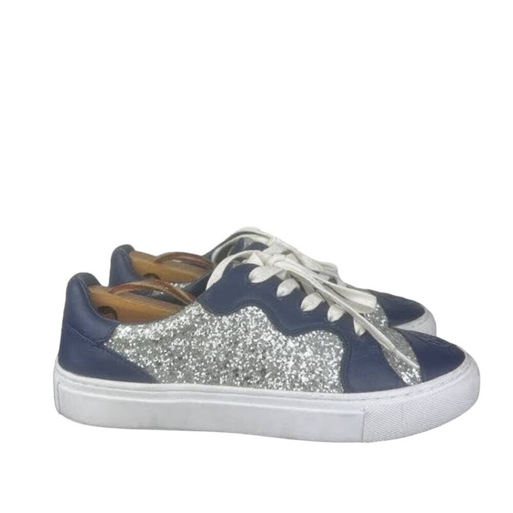 Tory Burch Blue/Silver Leather And Glitter Milo Low Top Sneakers Size 6.5